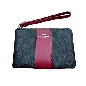 Coach pebbled leather wristlet wallet black/brown signature logo & red trim